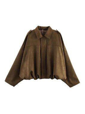 Womens Faux Suede Bomber Jacket Cropped Oversized Zip Up V Neck Streetwear Chic